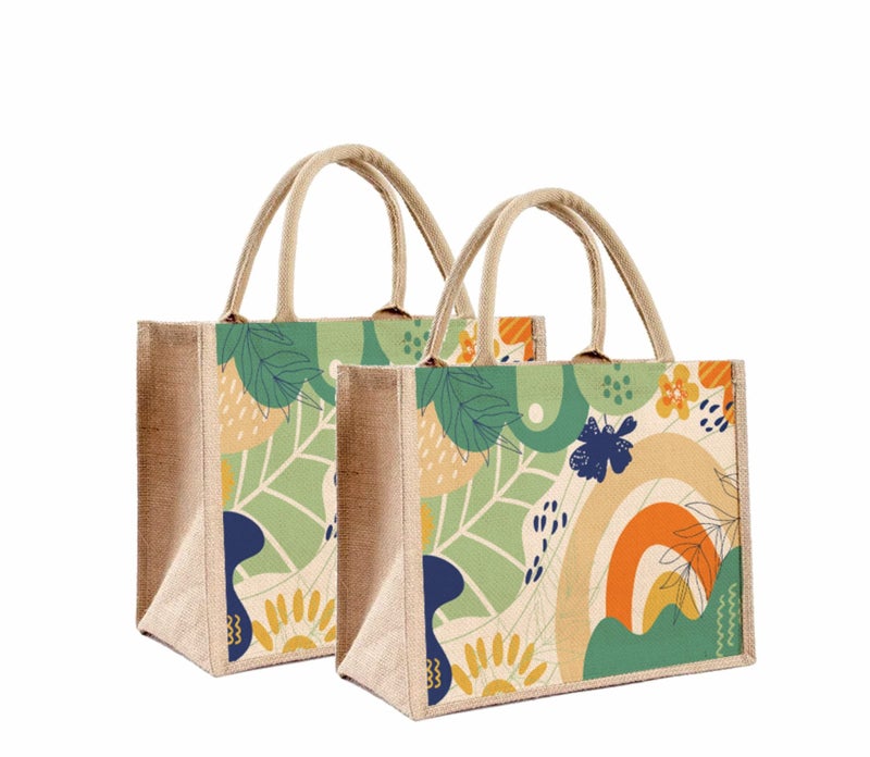 Sangra Eco-Friendly Abstract Print Jute Bags With Zipper|Reusable Multipurpose Tiffin And Grocery Hand Bags For Men And Women (Pack Of 2),Work Tote - Image 1