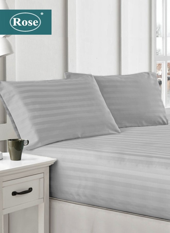 Rose Luxurious Hotel Stripe Fitted Sheet with Deep Pockets and Pillow Cases, Bed Sheet 3-Pieces Set, Soft & Silky Microfiber Breathable and Cooling, King Size 200x200+35 cm, Light Grey - Image 1