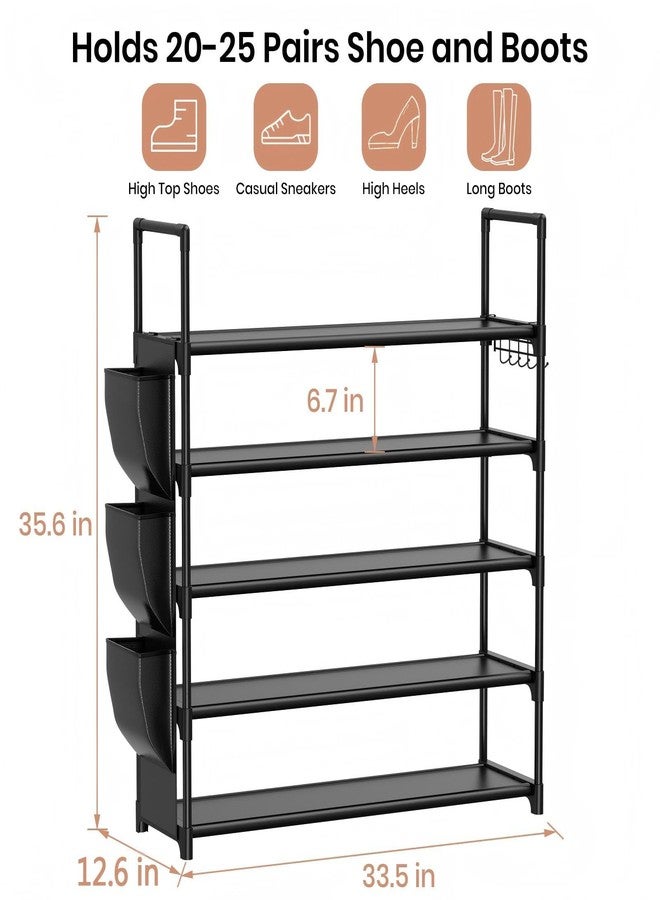 VILICK 5 Tier Shoe Rack with Hook and Side Pocket,Shoe Organizer Space Saver Storage for 20-25 Pair Shoe Storage Shelf Sturdy Free Standing Long Shoe Rack Organizer for Closet,Entryway,Small Spaces - Image 3