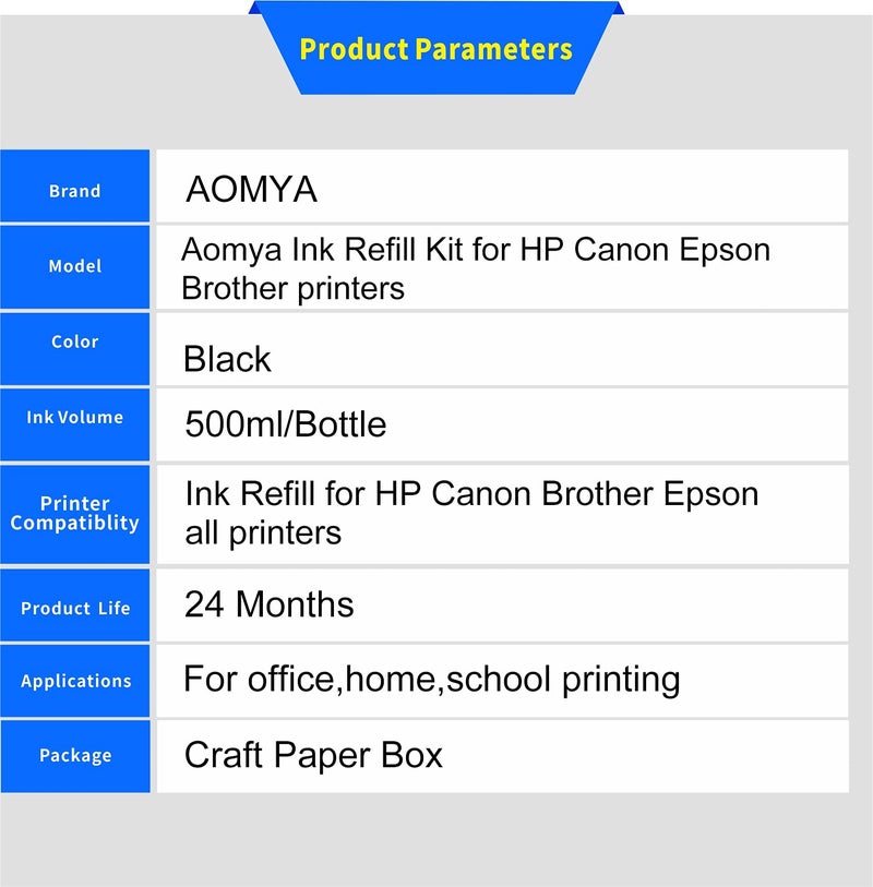 Aomya Ink Refill Kit 250ml Black Universal Dye Bulk Ink for Canon HP Epsn Brother Inkjet Printers Refillable Cartridge CISS CIS System (9 oz) with Syringe&Glove… - Image 2