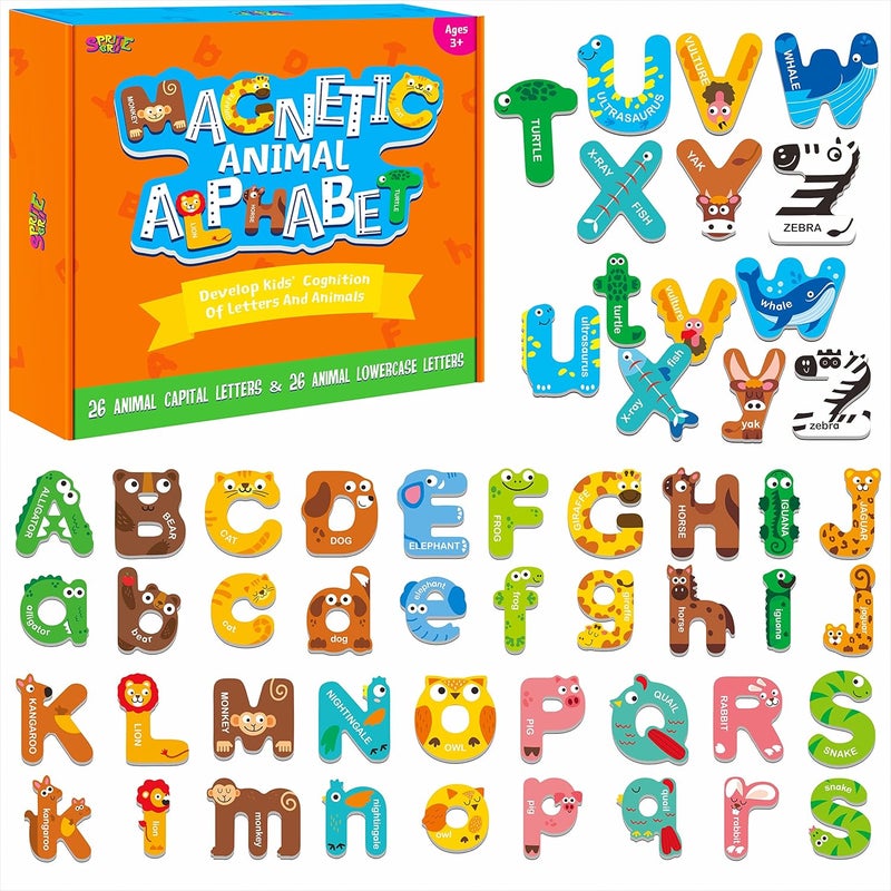 SpriteGru 52 Magnetic Alphabet, 26 Uppercase & 26 Lowercase Letters, Adorable Animal Shape Alphabet ABC Magnets for Fridge Educational Spelling Learning Games Toys Set for Kids, Toddlers 3 4 5 Years Old - Image 1