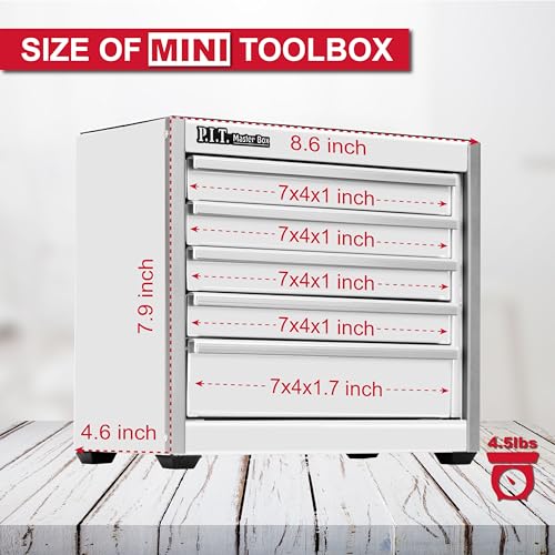 PIT P.I.T. Mini White Tool Box, Portable 5-Drawer Micro Roll Cab Steel Stackable Tool Box with Liner, White Small Tool Case for Tools Storage and Organizers, Home DIY - Image 2