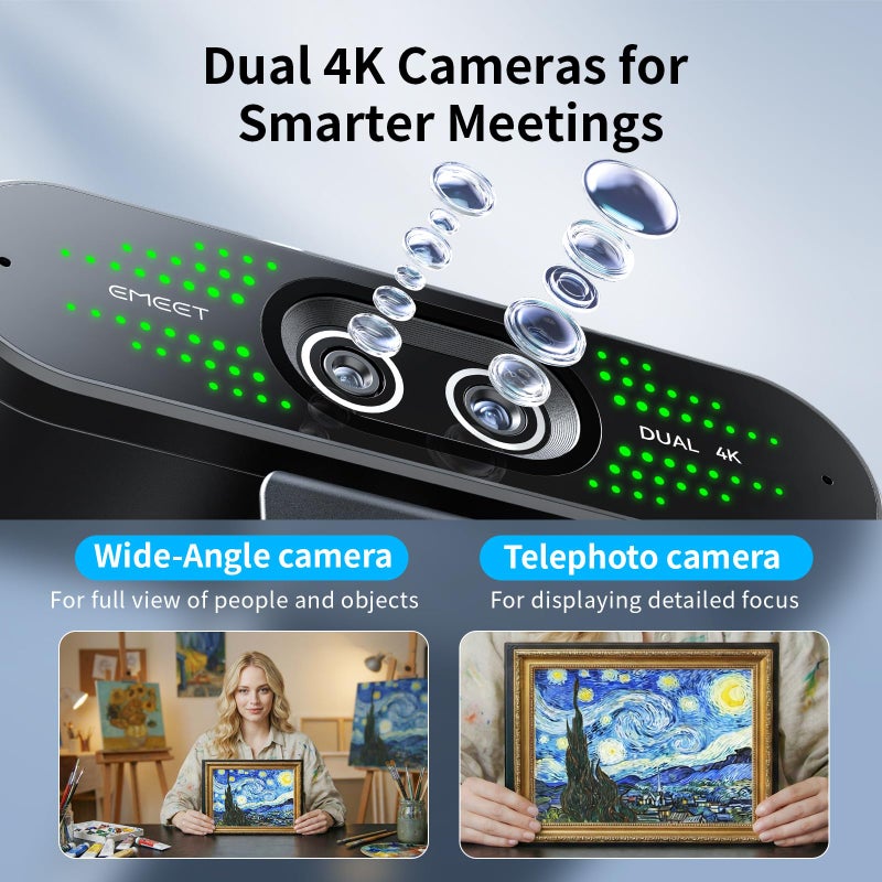 eMeet كاميرا ويب EMEET NOVA 4K مزدوجة العدسة بدقة 4K لجهاز الكمبيوتر، عدسات واسعة الزاوية وعدسات تليفوتو، زوم هجين يصل إلى 11X، تركيز PDAF، تحكم عن بعد، أضواء RGB، كاميرا ويب مع ميكروفون للمكالمات عبر الإنترنت للأعمال أو الاستخدام الشخصي - Image 3