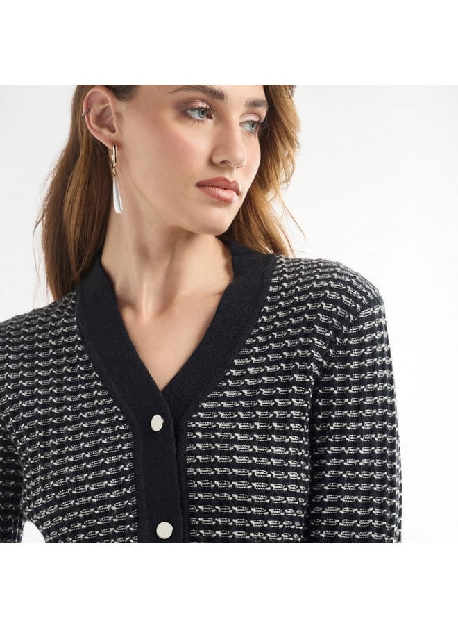 FAV Textured V-neck Cardigan with Long Sleeves and Button Closure  - Image 4