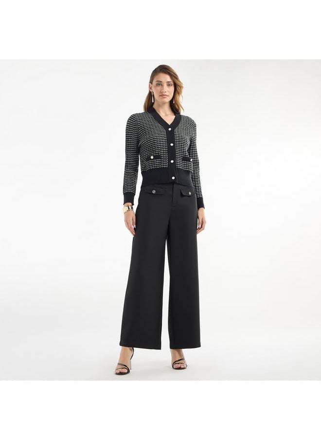 FAV Textured V-neck Cardigan with Long Sleeves and Button Closure  - Image 2
