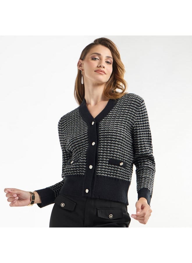 FAV Textured V-neck Cardigan with Long Sleeves and Button Closure  - Image 1