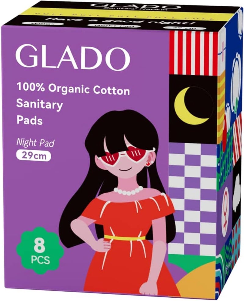 Glado 100% Organic Cotton Sanitary Napkins for Women, 8 Pcs (29cm) – Night Protection, Negative ion, 3D Leak Guard, Heavy Flow, Chlorine & Fragrance Free, Prevents Skin Irritation, For Sensitive Skin - Image 1