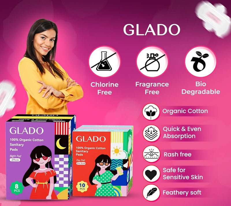 Glado 100% Organic Cotton Sanitary Napkins for Women, 8 Pcs (29cm) – Night Protection, Negative ion, 3D Leak Guard, Heavy Flow, Chlorine & Fragrance Free, Prevents Skin Irritation, For Sensitive Skin - Image 4