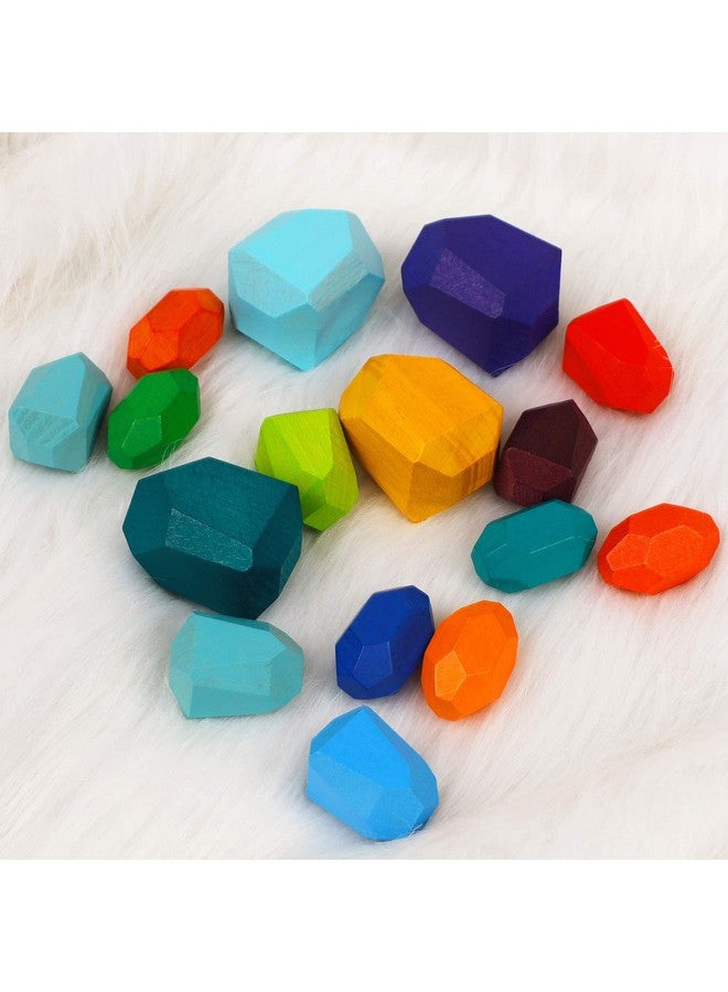 Cllayees 16 Pcs Wooden Stacking Blocks Rocks Building Toys, Colored Solid Wood Stones Pre-School Educational Games Creative Toys for Kids Toddlers - Image 4