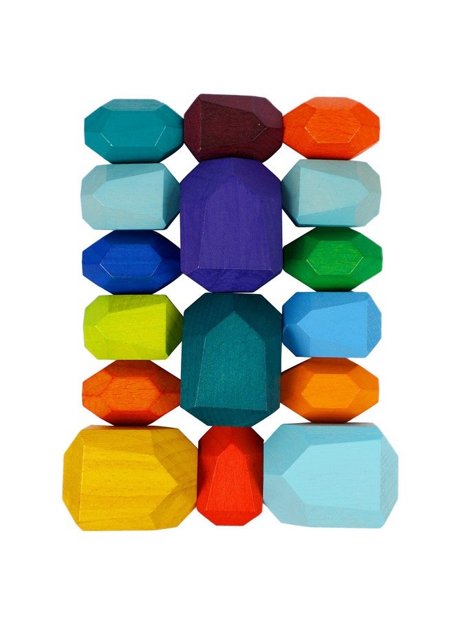 Cllayees 16 Pcs Wooden Stacking Blocks Rocks Building Toys, Colored Solid Wood Stones Pre-School Educational Games Creative Toys for Kids Toddlers - Image 3