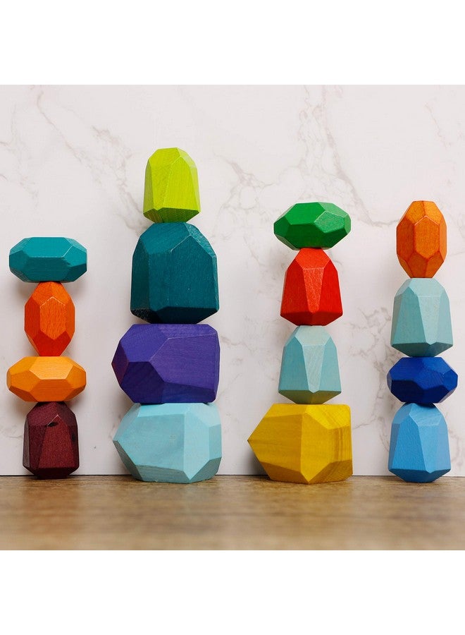 Cllayees 16 Pcs Wooden Stacking Blocks Rocks Building Toys, Colored Solid Wood Stones Pre-School Educational Games Creative Toys for Kids Toddlers - Image 1