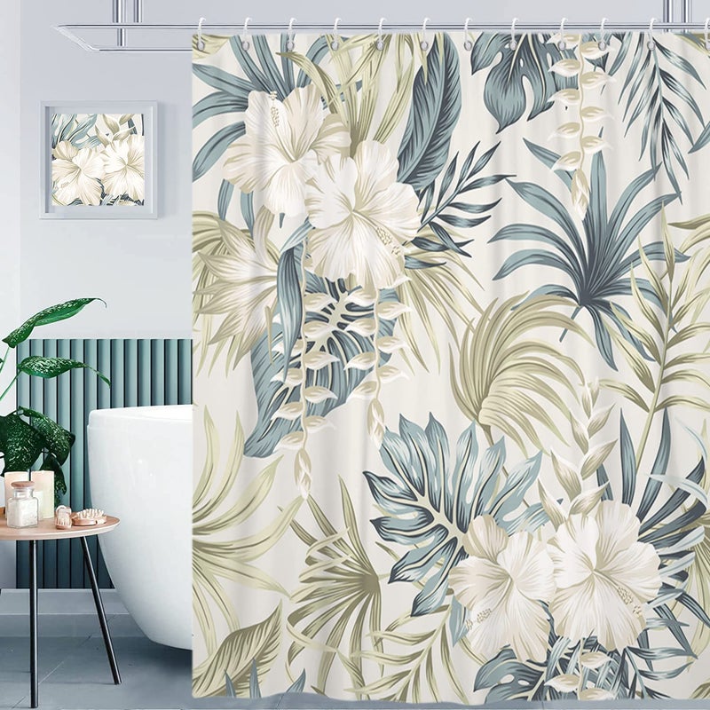 GCIREC Tropical Shower Curtain Sage Green Botanical Palms Banana Leaf Monstera Leaves Hibiscus Floral Bathroom Curtain Home Decor Waterproof Fabric Machine Washable with 12 Hooks 72x72