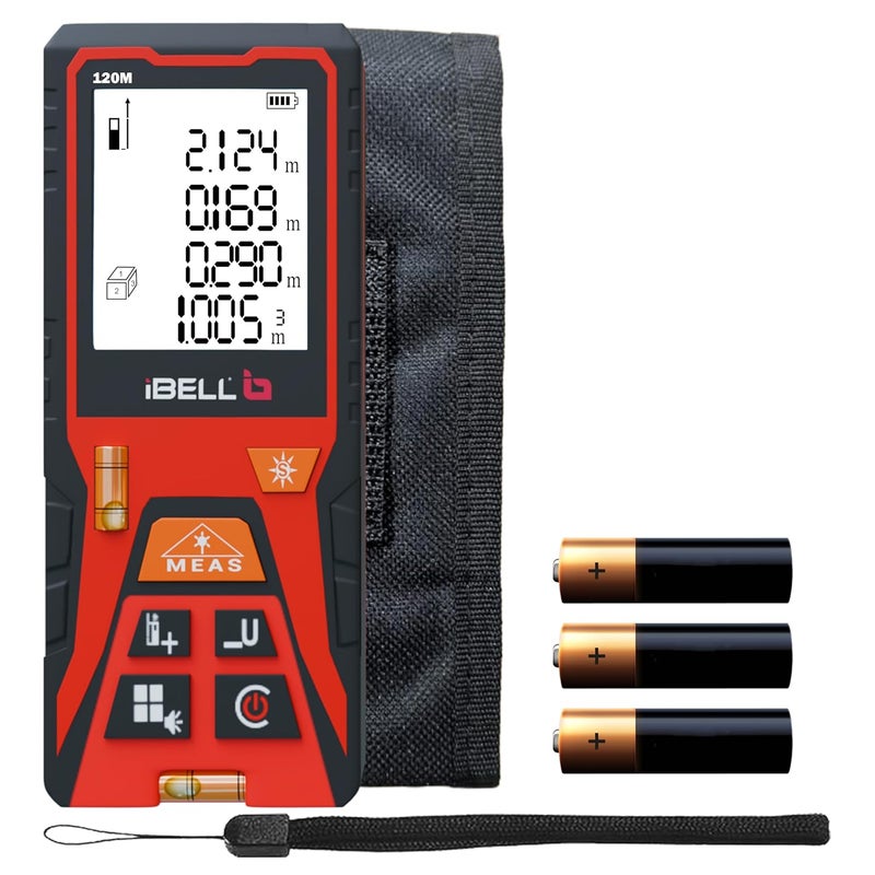 iBELL DM120-02 مقياس المسافة بالليزر 120م | داخلي وخارجي | أقصى/أدنى، مستمر، مساحة، حجم، فيثاغورس | تحويل وحدات | 30 سجل بيانات | إيقاف تلقائي | بطارية مضمنة | منزلي ومحترف - Image 1