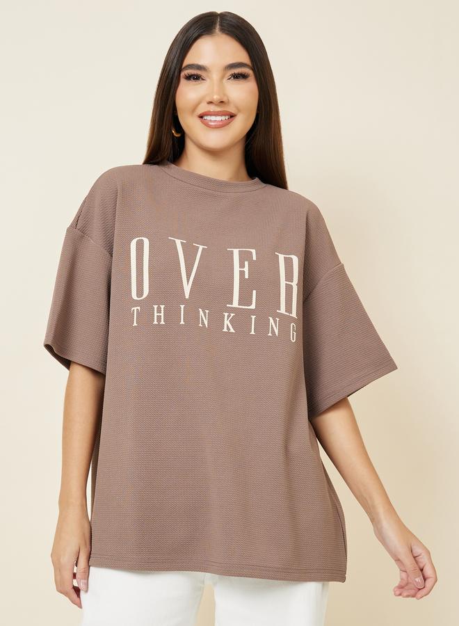 Styli Oversized Contrast Slogan Print Textured T-Shirt - Image 1