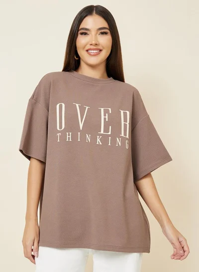 Styli Oversized Contrast Slogan Print Textured T-Shirt