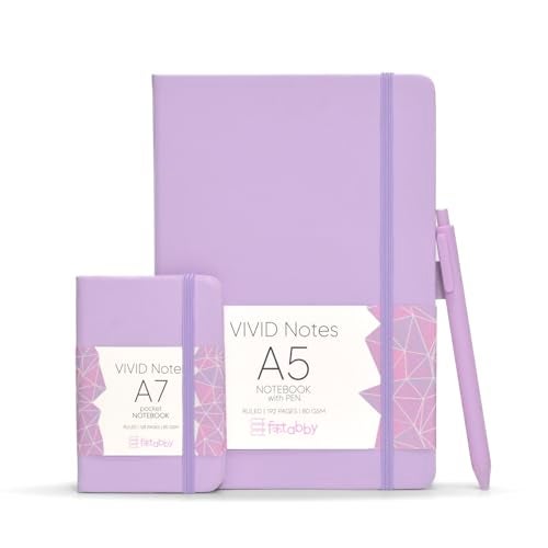 Kitabby | VIVID Notes Combo | A5 Size Hard Bound Notebook with Elastic Band & Pen Loop (Includes Pen,192 Pages-80 GSM) & A7 Pocket Size Notebook (128 Pages-70 GSM) | Natural Shade Paper | Polymer Coated Paper Cover Material – (Lilac) - Image 1