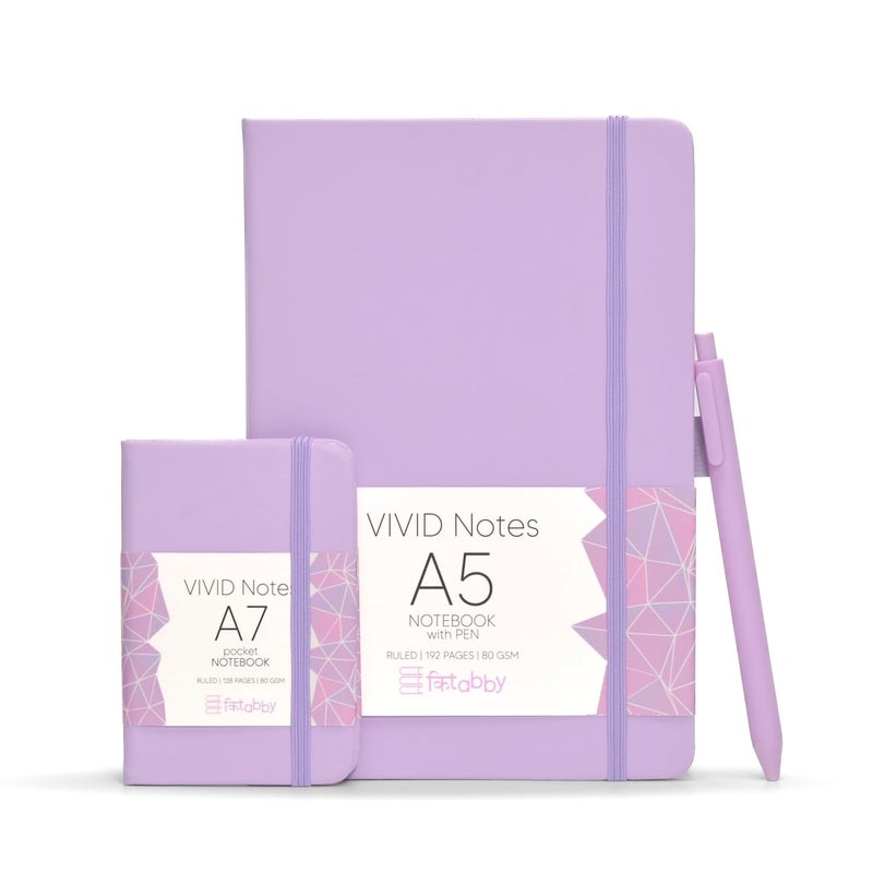 Kitabby | VIVID Notes Combo | A5 Size Hard Bound Notebook with Elastic Band & Pen Loop (Includes Pen,192 Pages-80 GSM) & A7 Pocket Size Notebook (128 Pages-70 GSM) | Natural Shade Paper | Polymer Coated Paper Cover Material – (Lilac) - Image 5
