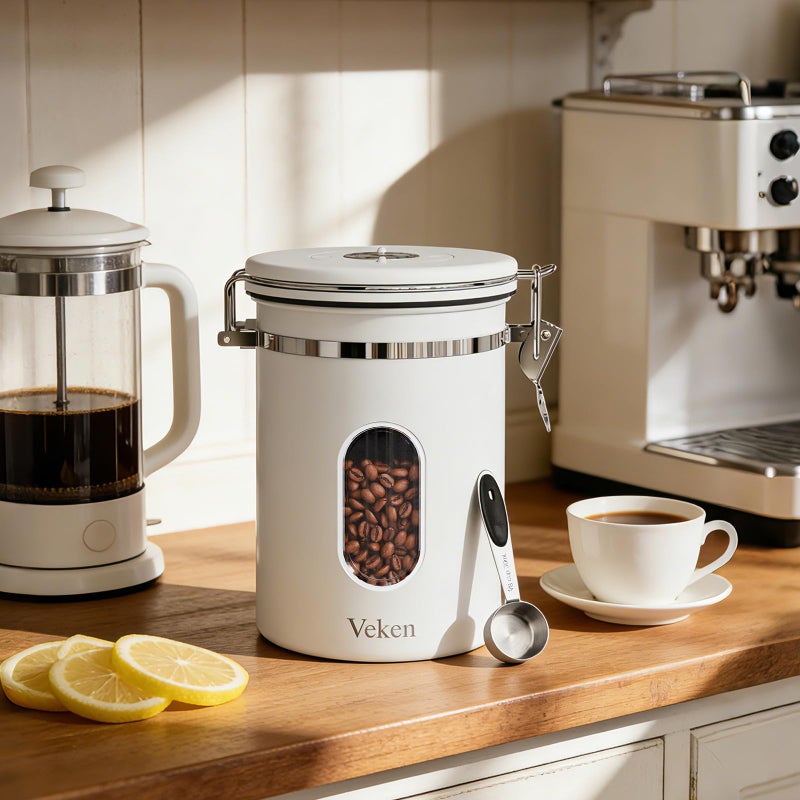 Veken Coffee Canister with Window, Easter Gifts Airtight Stainless Steel Container with Lids, Home Kitchen Food Storage Jars for Grounds, Beans, Tea, Flour, Cereal, Sugar, Basket, Scoop, 22OZ, White - Image 4