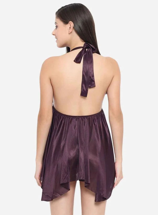 Take Two Solid Halter Neck Asymmetric Hem Satin Babydoll By Klamotten