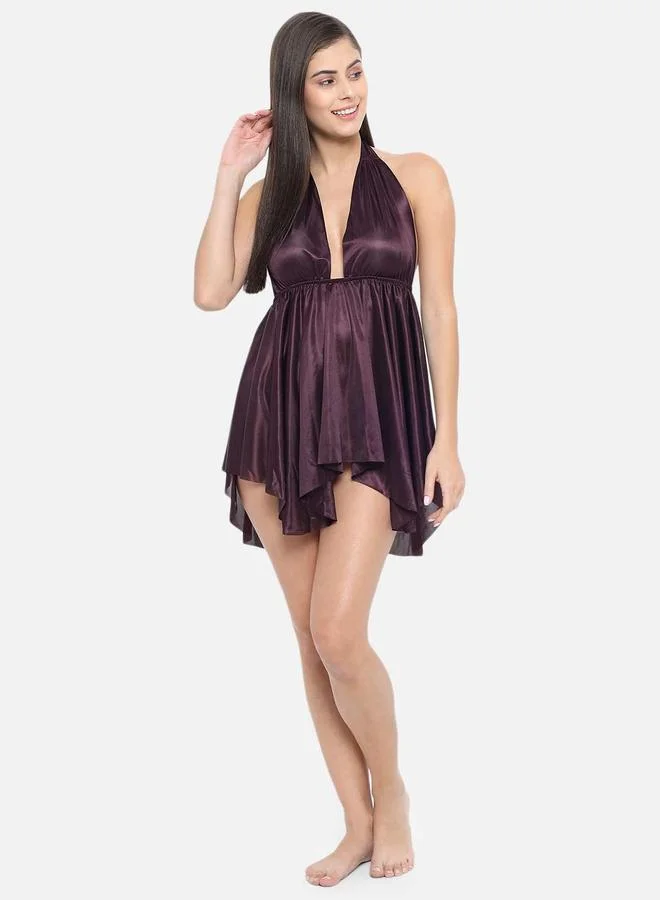 Take Two Solid Halter Neck Asymmetric Hem Satin Babydoll By Klamotten