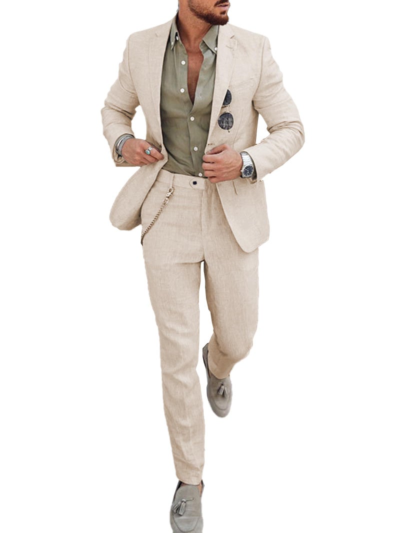 UNINUKOO Mens 2 Piece Suit Linen Summer Top Blazer Pants Sets Beach Wedding Wear Vacation Prom Suits for Men US Size L Beige - Image 1
