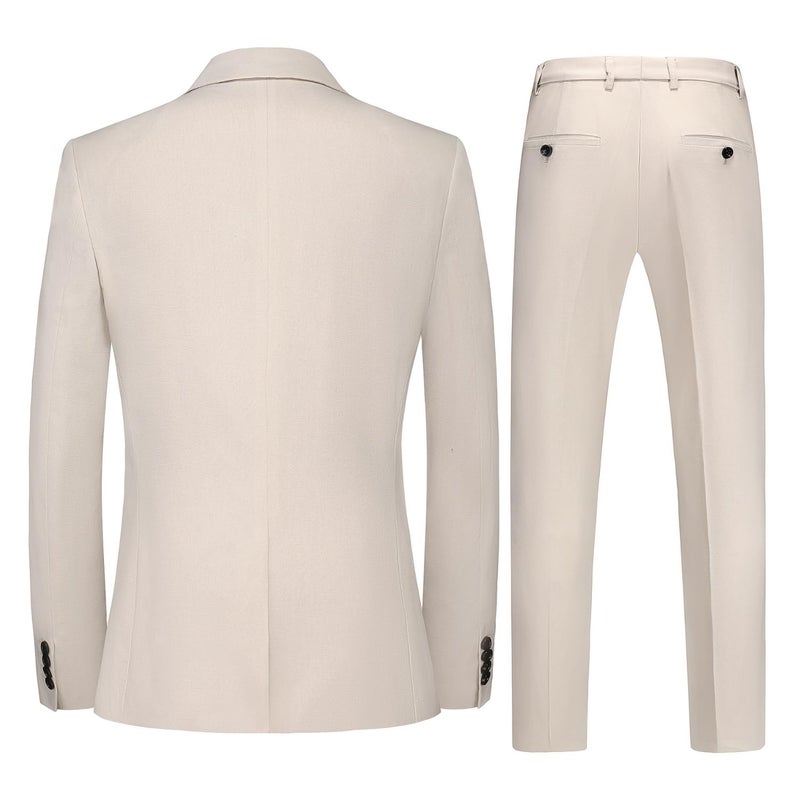 UNINUKOO Mens 2 Piece Suit Linen Summer Top Blazer Pants Sets Beach Wedding Wear Vacation Prom Suits for Men US Size L Beige - Image 4