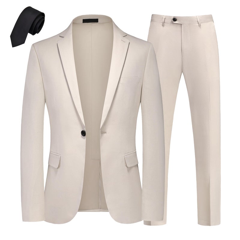 UNINUKOO Mens 2 Piece Suit Linen Summer Top Blazer Pants Sets Beach Wedding Wear Vacation Prom Suits for Men US Size L Beige - Image 2
