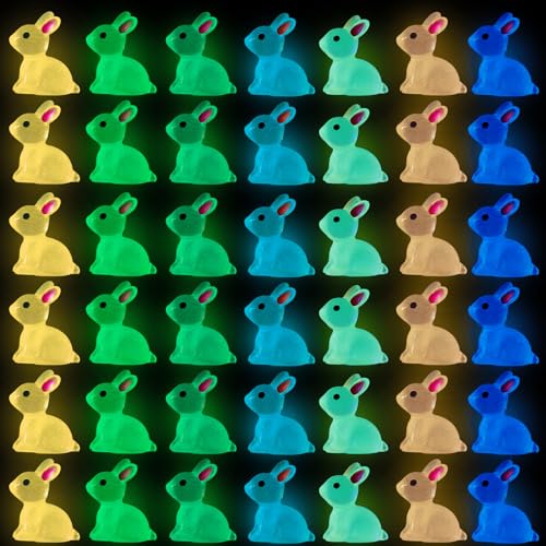 DULEFUN 70pcs Easter Luminous Mini Resin Bunny 7 Colors Little Small Glow in The Dark Rabbit Bunny Figures for Dollhouse Micro Fairy Garden Decor Easter Egg Fillers Party Favors Supplies - Image 1