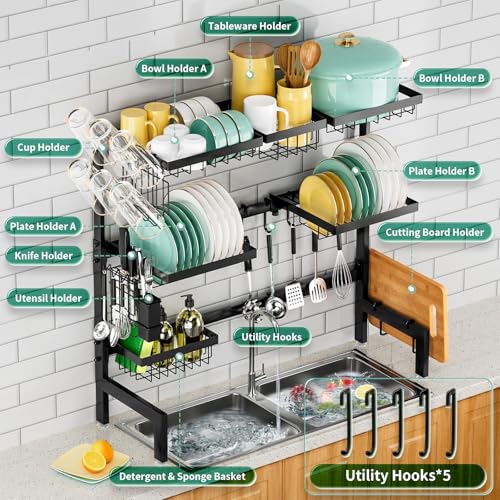 HOWDIA Over The Sink Dish Drying Rack,Expandable Length 3-Tier Large Stainless Steel Over The Sink Dish Rack with 6 Baskets, Utensil Holder Dish Drainers for Kitchen Counter - Image 2