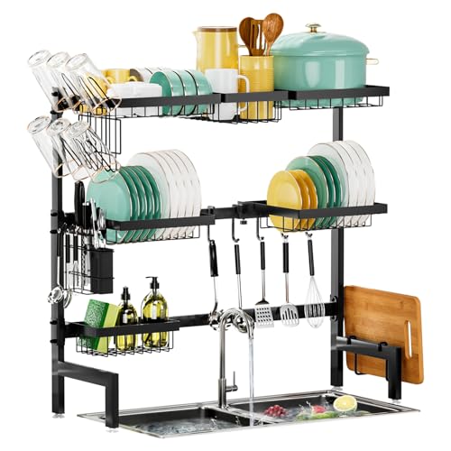 HOWDIA Over The Sink Dish Drying Rack,Expandable Length 3-Tier Large Stainless Steel Over The Sink Dish Rack with 6 Baskets, Utensil Holder Dish Drainers for Kitchen Counter - Image 3