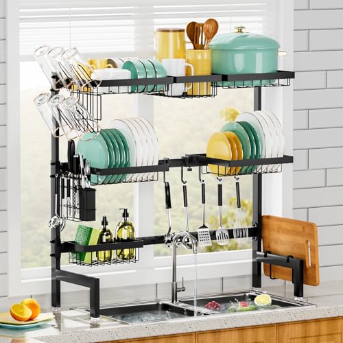 HOWDIA Over The Sink Dish Drying Rack,Expandable Length 3-Tier Large Stainless Steel Over The Sink Dish Rack with 6 Baskets, Utensil Holder Dish Drainers for Kitchen Counter - Image 1