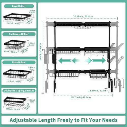 HOWDIA Over The Sink Dish Drying Rack,Expandable Length 3-Tier Large Stainless Steel Over The Sink Dish Rack with 6 Baskets, Utensil Holder Dish Drainers for Kitchen Counter - Image 4