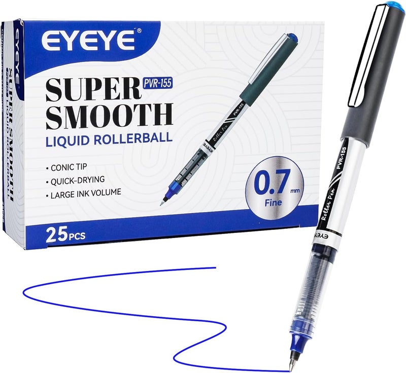 آي آي أقلام حبر سائل EYEYE، رأس دقيق 0.7 ملم، 25 قلماً أزرق، تجف سريعاً، كتابة سلسة للتدوين اليومي وتدوين الملاحظات ومستلزمات المكتب والمدرسة. - Image 1