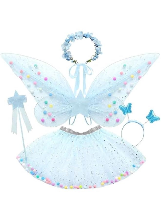 Generic 5pcs Girls Fairy Wings Costume Kids Toddler Butterfly Wings with Wand Tutu Skirt Crown Headband Halloween Dress Up Gift  - Image 1