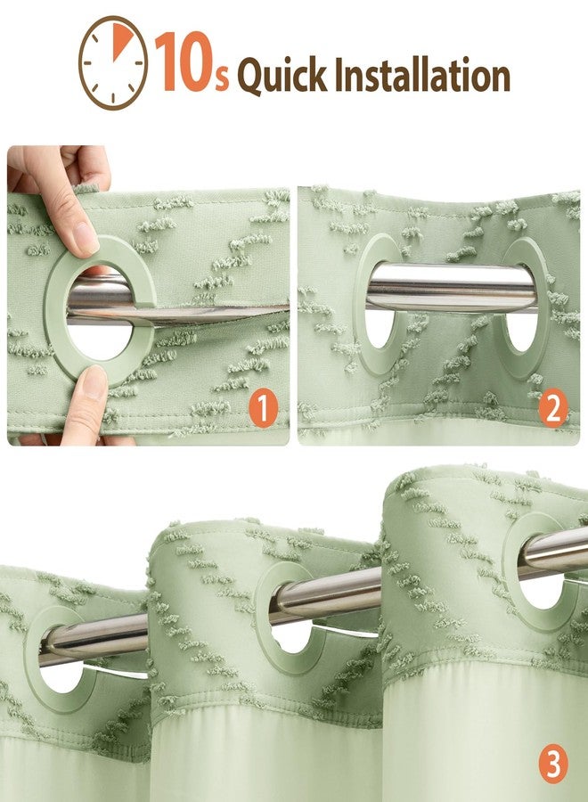 Dynamene Sage Green Hook Free Shower Curtain & Snap in Fabric Liner with Magnets, Boho Chevron Tassel Shower Curtains for Bathroom, Mesh Window, 3 in 1 Shower Curtain and Liner Set, 72" W x 75" L - Image 3