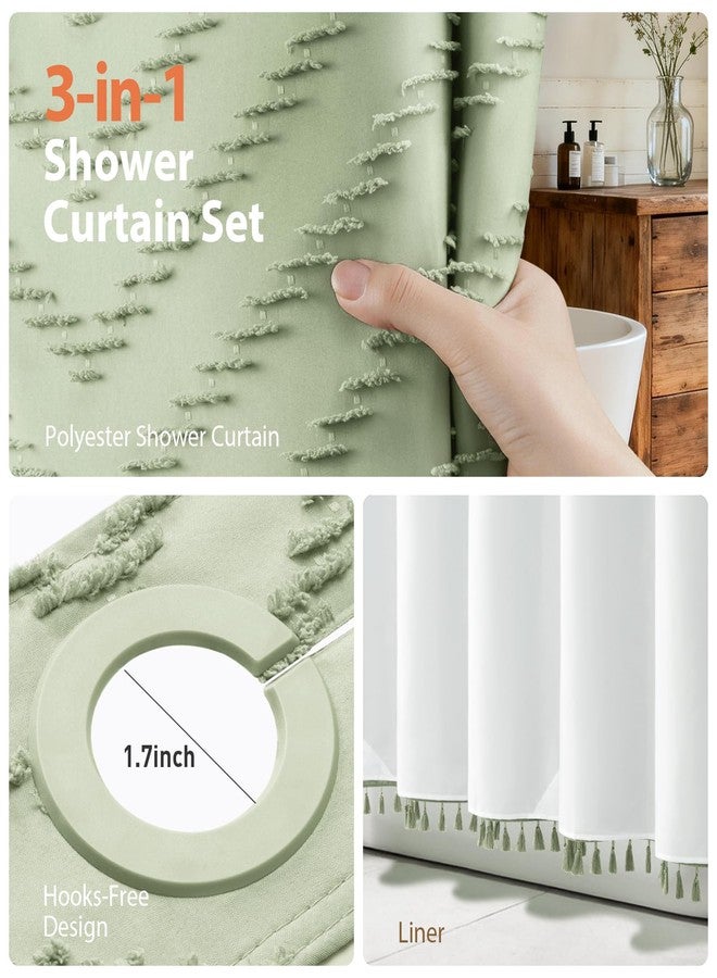 Dynamene Sage Green Hook Free Shower Curtain & Snap in Fabric Liner with Magnets, Boho Chevron Tassel Shower Curtains for Bathroom, Mesh Window, 3 in 1 Shower Curtain and Liner Set, 72" W x 75" L - Image 4