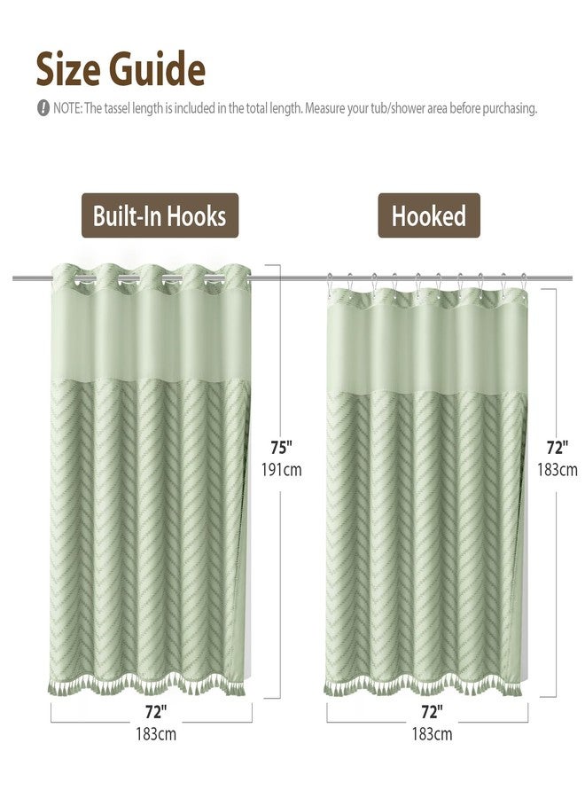 Dynamene Sage Green Hook Free Shower Curtain & Snap in Fabric Liner with Magnets, Boho Chevron Tassel Shower Curtains for Bathroom, Mesh Window, 3 in 1 Shower Curtain and Liner Set, 72" W x 75" L - Image 2
