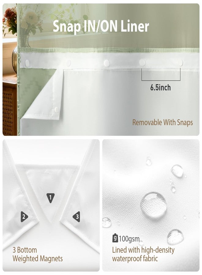 Dynamene Sage Green Hook Free Shower Curtain & Snap in Fabric Liner with Magnets, Boho Chevron Tassel Shower Curtains for Bathroom, Mesh Window, 3 in 1 Shower Curtain and Liner Set, 72" W x 75" L - Image 5
