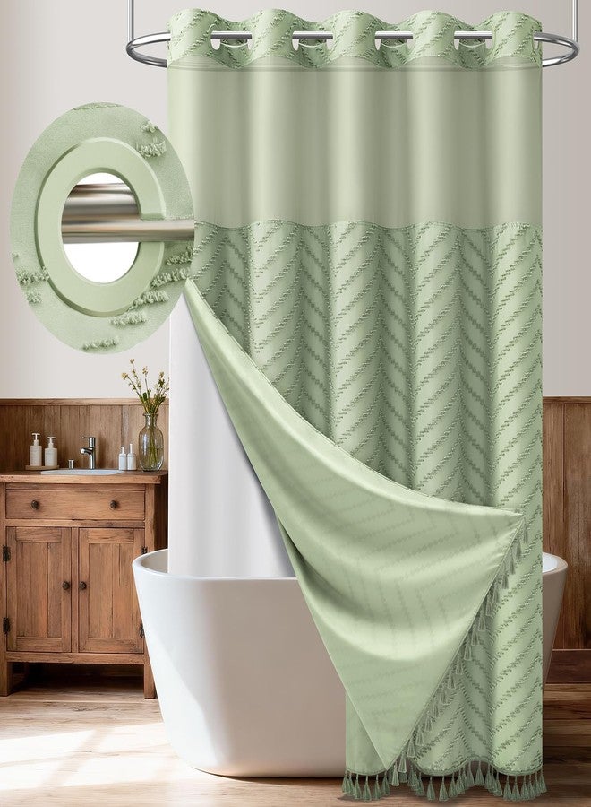 Dynamene Sage Green Hook Free Shower Curtain & Snap in Fabric Liner with Magnets, Boho Chevron Tassel Shower Curtains for Bathroom, Mesh Window, 3 in 1 Shower Curtain and Liner Set, 72" W x 75" L - Image 1