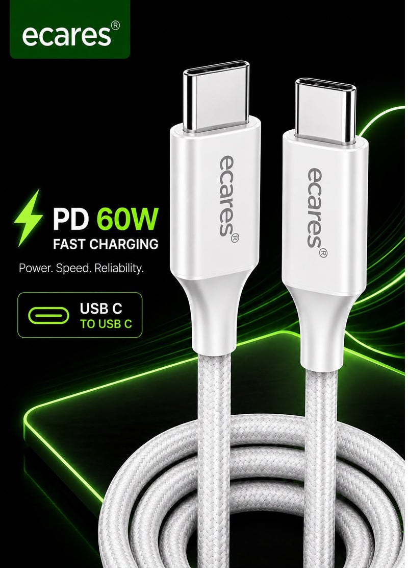 eCares® USB-C to USB-C Cable 1M, 60W Fast Charging Type-C Cable, Braided Data Sync Cord for iPhone 15/16/17, Samsung Galaxy, iPad, Google Pixel & USB-C Devices. - Image 1