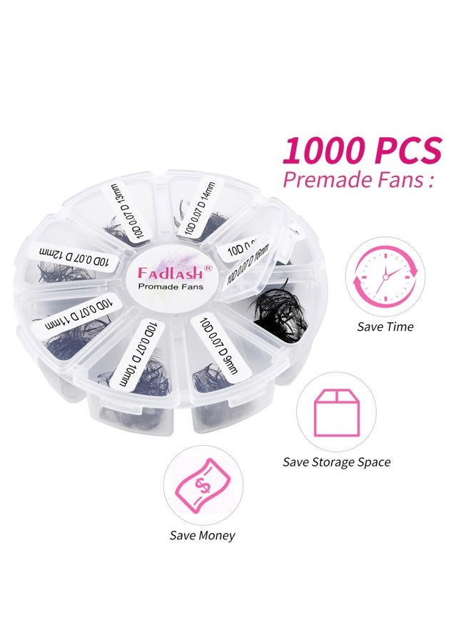 FADLASH 1000 Fans 10D Premade Volume Eyelash Extensions Mixed Tray Premade Fans Eyelash Extensions D Curl Premade Lash Fans Pointed Handmade Promade Loose Fans Thin Base (10D-0.07D,9-16mm) - Image 2