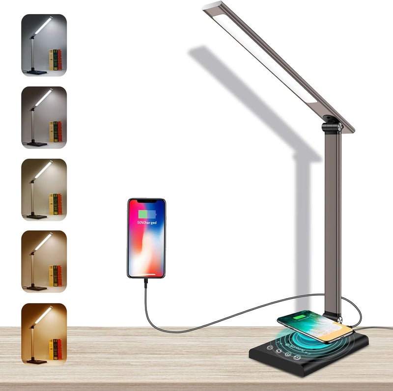 YIMI LED Desk Lamp Table Lamps with Fast Wireless Charger & USB Charging Port, 12W Reading Desk Lights with 35 Dimmable Adjustable Lighting, Smart Timer, Eye-caring Office Light for Home Office,Study(Grey) - Image 1