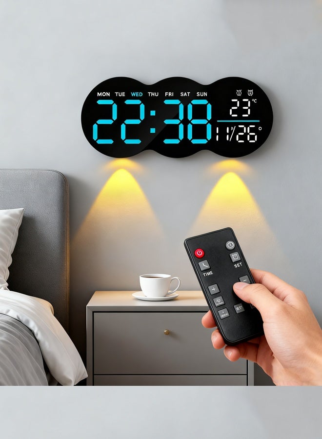 KORAX Remote-Controlled LED Digital Wall Clock Auto-sensing light adjustment Dual alarms Night light Auto daylight saving time Temperature display Memory function Essential for bedrooms, studies, and living rooms Wall-mountable or freestanding Includes remote control - Image 1