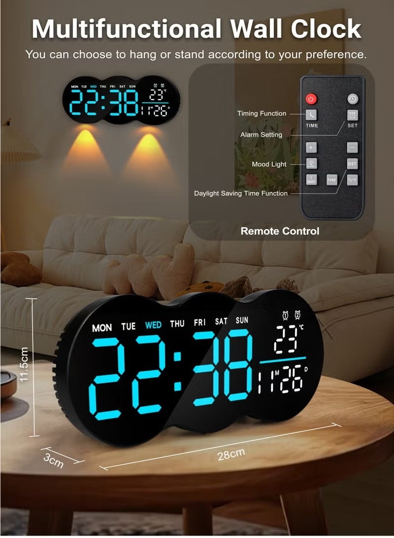 KORAX Remote-Controlled LED Digital Wall Clock Auto-sensing light adjustment Dual alarms Night light Auto daylight saving time Temperature display Memory function Essential for bedrooms, studies, and living rooms Wall-mountable or freestanding Includes remote control - Image 2