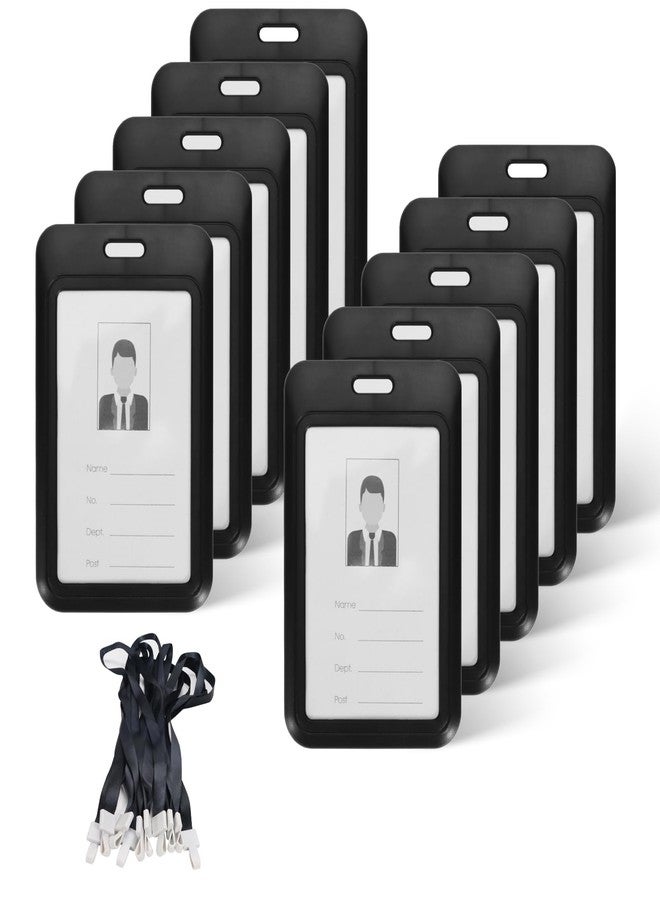 Realand 10Pcs Sliding ID Badge Holder with Lanyard, Hard Case Vertical ID Card Holder with Clear Window Work Badge Protector Sleeve Cover for Office Key Card Name Tag, Black - Image 1