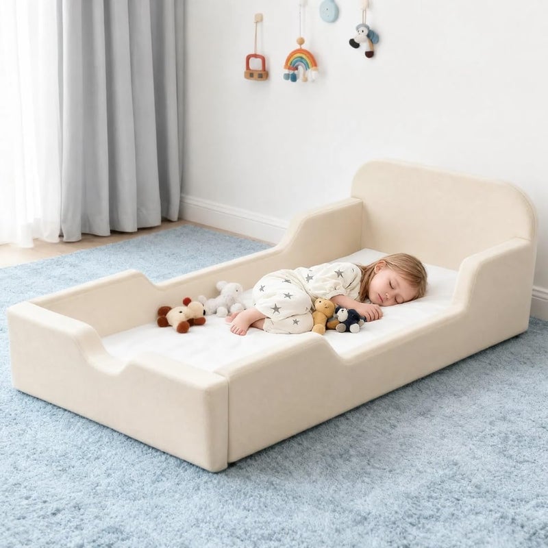 Soft Foam Toddler Bed with Medical Mattress - Cream Upholstered Kids Floor Bed - Image 1