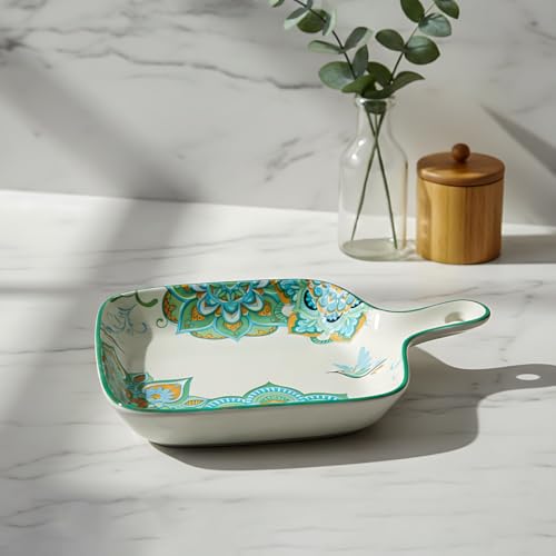 Lemon Tree Ceramic Matt Finish Square Platter with Handle, Coloured Print Design, 9.5 x 9.5 cm, 4.5 cm Height for Snacks Desserts Savouries Veggies Chips Cookies Fruits, Salad Pasta Serving (Blue) - Image 1