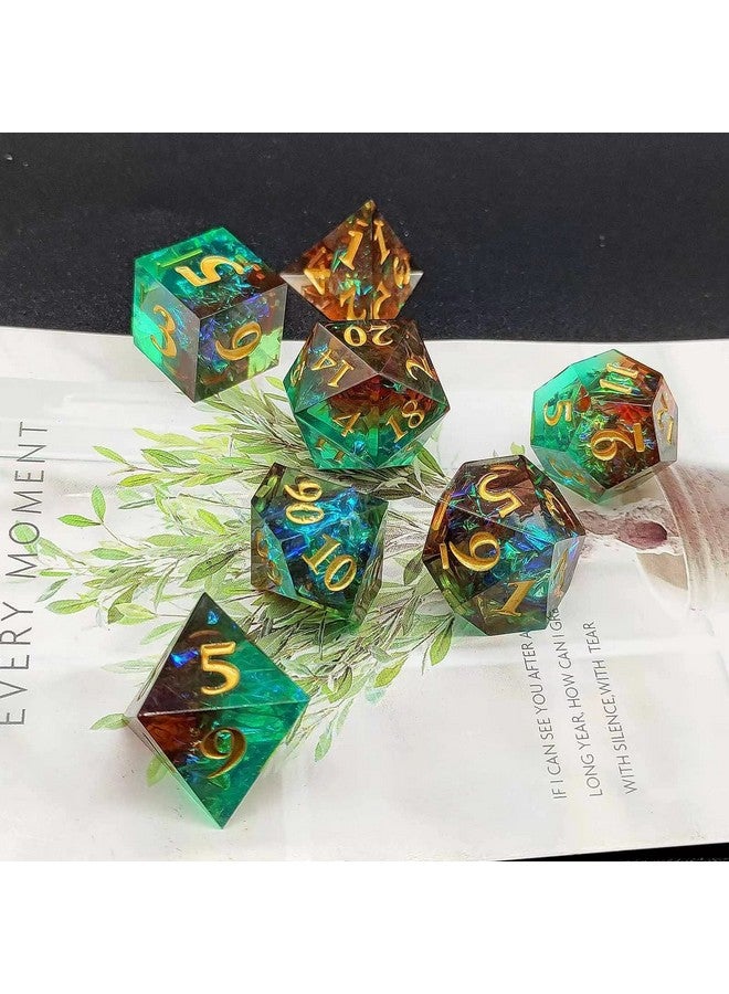 Sharp Edge Dice DND Dice Set, Resin Dice Polyhedral Dice D and D Dice Set Dungeons and Dragons Dice Set D&D with Metal Box & Bag for RPG Role Playing MTG Dice Game Green and Brown  - Image 1
