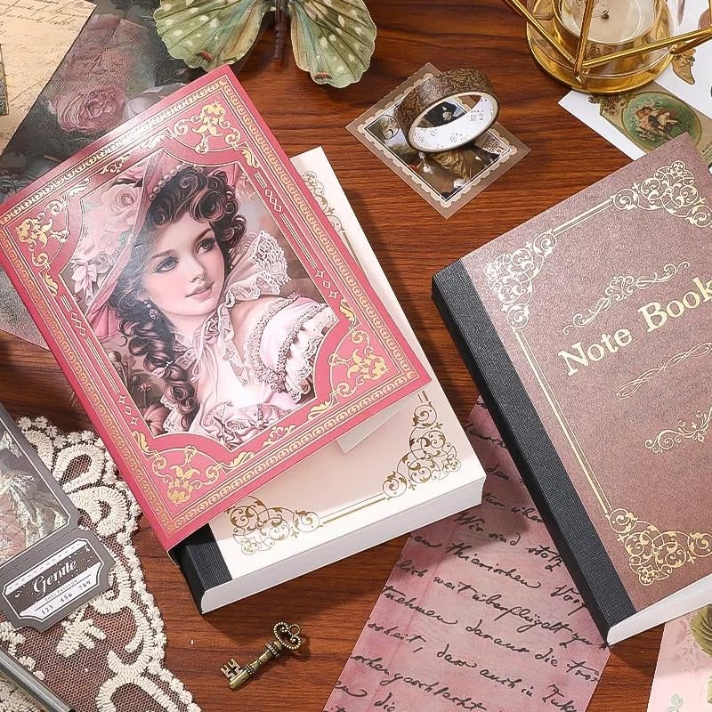 MGNLR طقم ألبوم قصاصات عتيق (346 قطعة) طقم مستلزمات ألبوم القصاصات مع دفتر ملاحظات شبكي A6، هدايا يوميات للبنات (ملكة ريترو الأوروبية 1) - Image 2