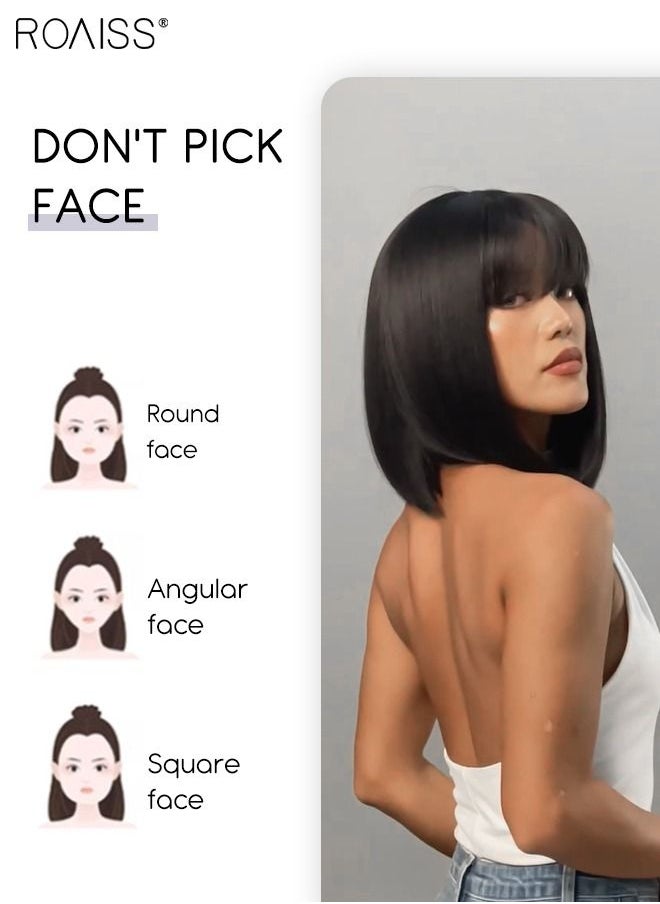 roaiss Black Bob Wig with Bangs, Short Hair Wig for Women, Straight Synthetic Natural Heat Resistant Fiber Wigs as Real Hair for Daily Wear, Party, Costume, Cosplay, 28cm (11 inches）  - Image 5